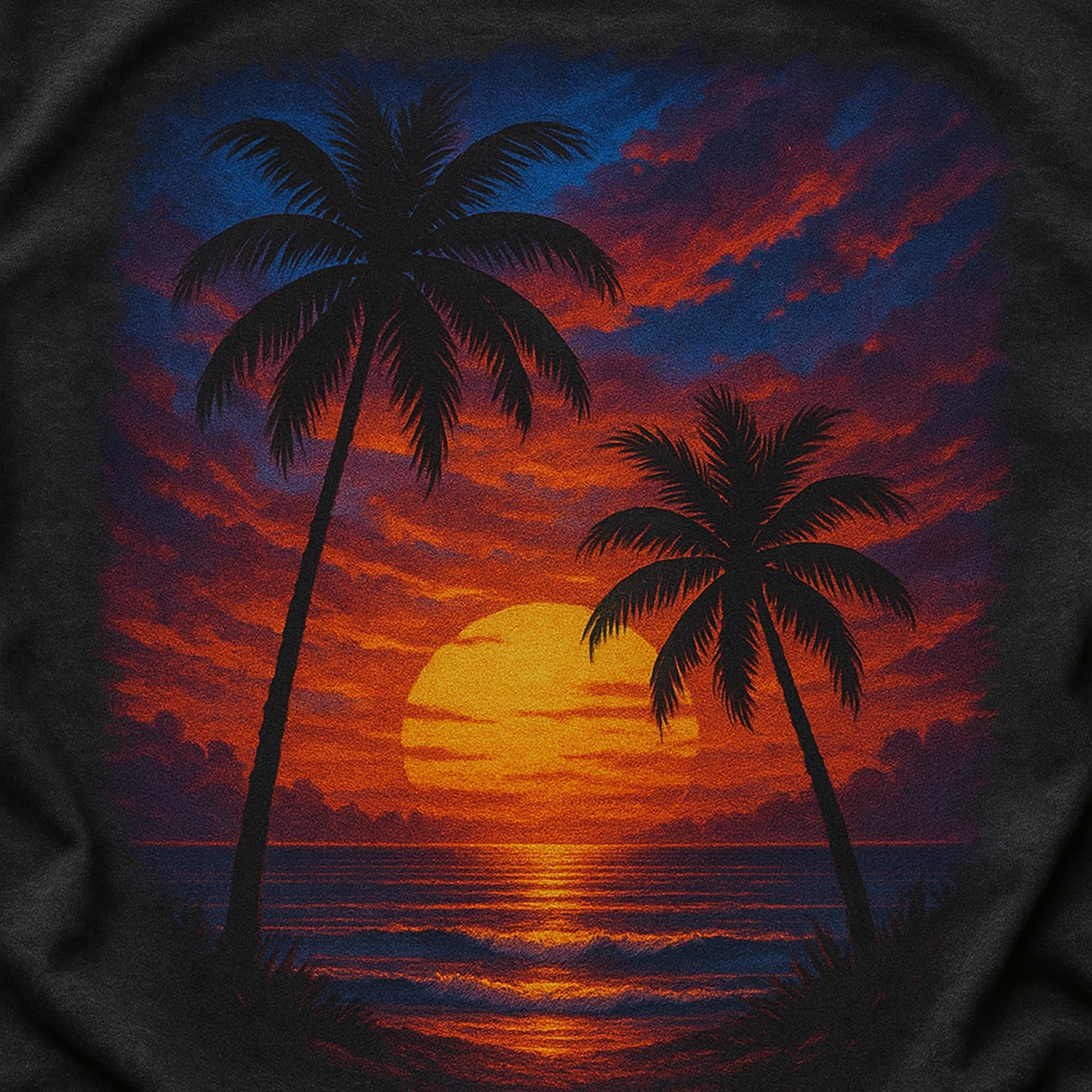 Beispiel eines Direktdruckmotivs mit einer aufgehenden Sonne am Strand